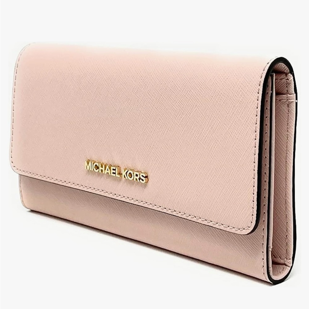 Michael Kors Women's Jet Set Travel Large Trifold Wallet Powder Blush w/ Silver